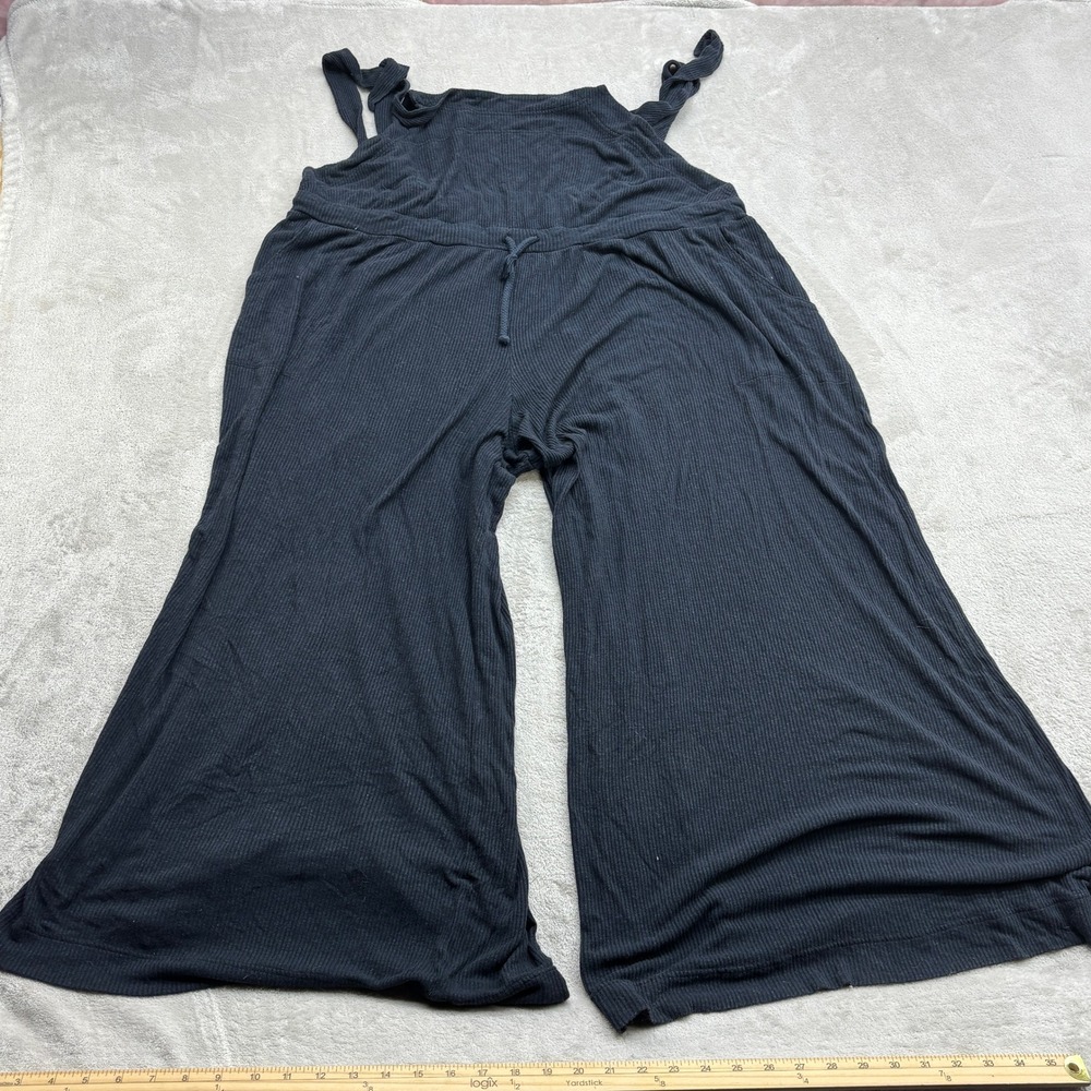 FP Beach Jumpsuit Women's S Black Ribbed Linen Tie Strap Wide Leg Boho Coastal